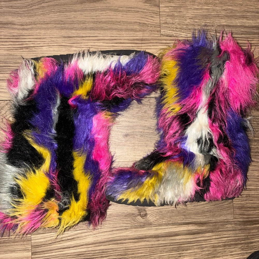 Multicolor Faux Fur Scarf - Bright Pink, Purple, Yellow, Black, White